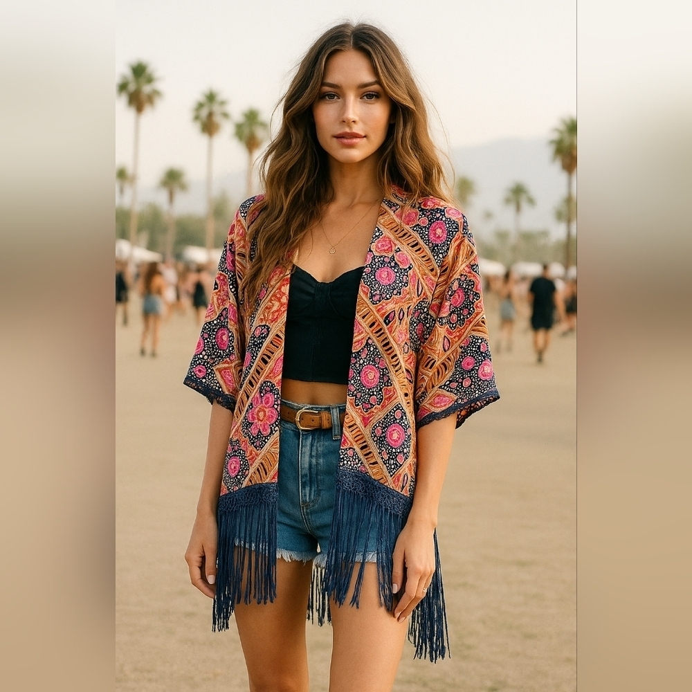 Boho Fringe Kimono Cardigan - Pink & Navy